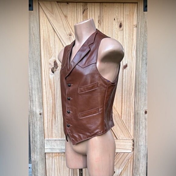 Vintage 70s Reed Sportswear Brown Leather Biker Cowboy Western Disco Vest~40~ - Picture 3 of 7